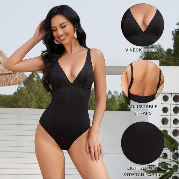 Taze'ne Women's One Piece Swimsuit V Neck Bathing Suit with Adjustable Straps - Picture 4 of 5